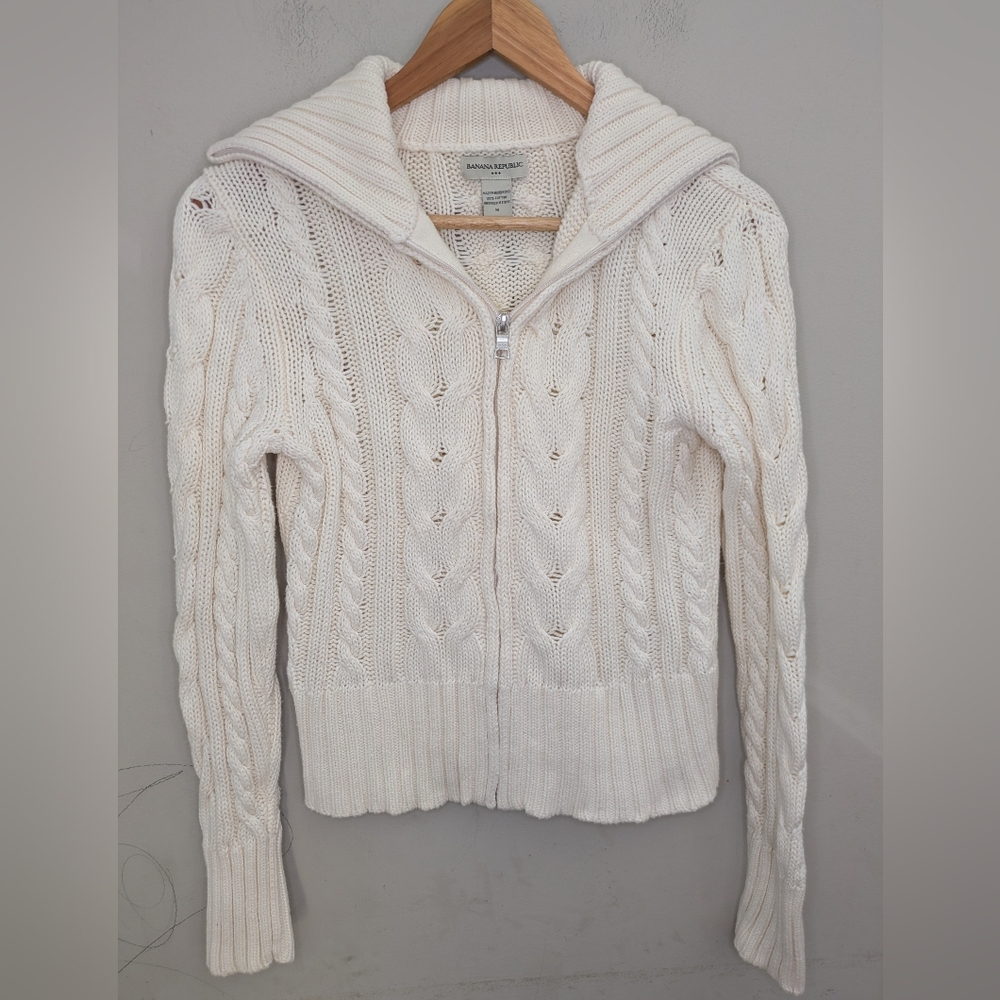 Banana Republic Cream Cable Knit Full-Zip Cardigan Chunky Sweater Size M